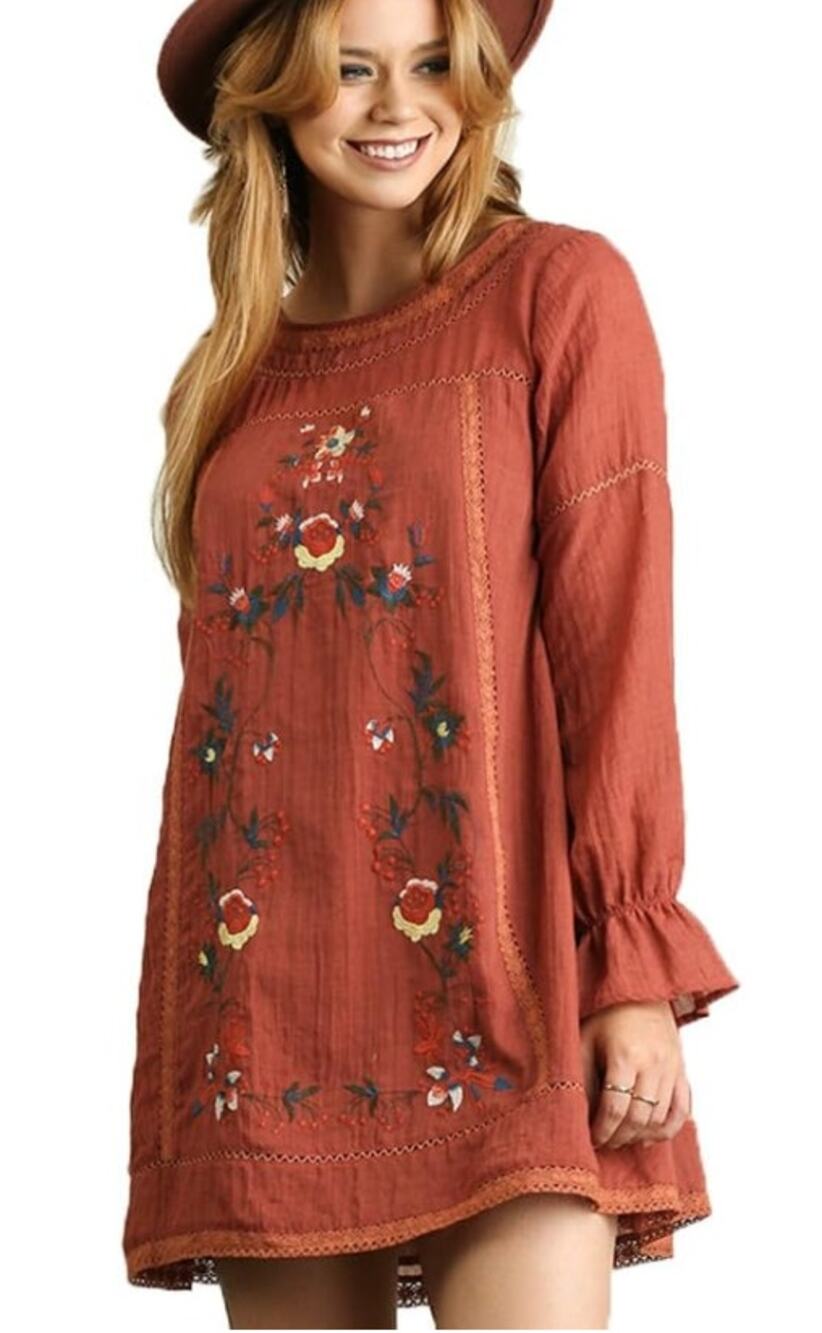UMGEE Women's Floral Embroidered Dress Large Rust Orange Boho HIppie